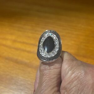 Silver Black Onyx Marcasite Oval Cocktail Ring